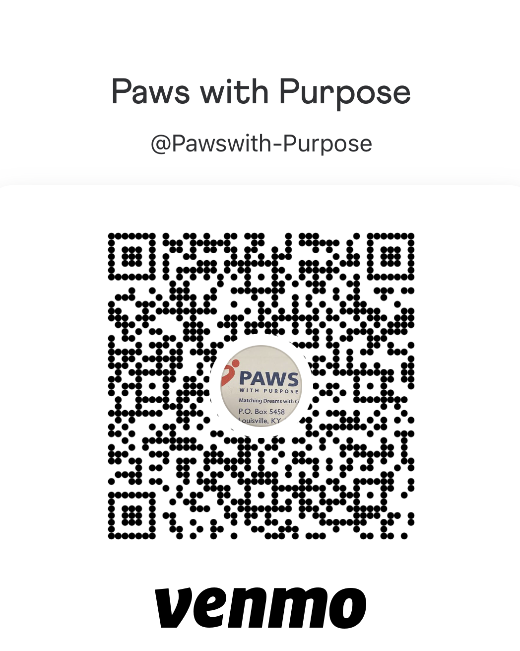 Venmo QR code for Paws with Purpose, @Pawswith-Purpose